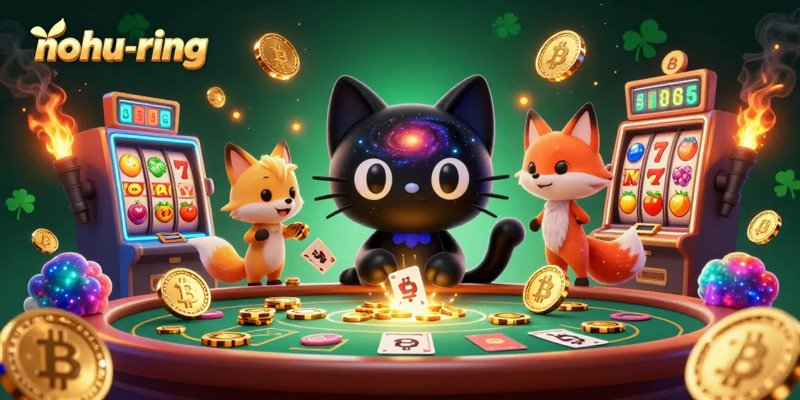 Experience excitement with nohu-ring at a vibrant cosmic casino, featuring a playful black hole cat and colorful fox.