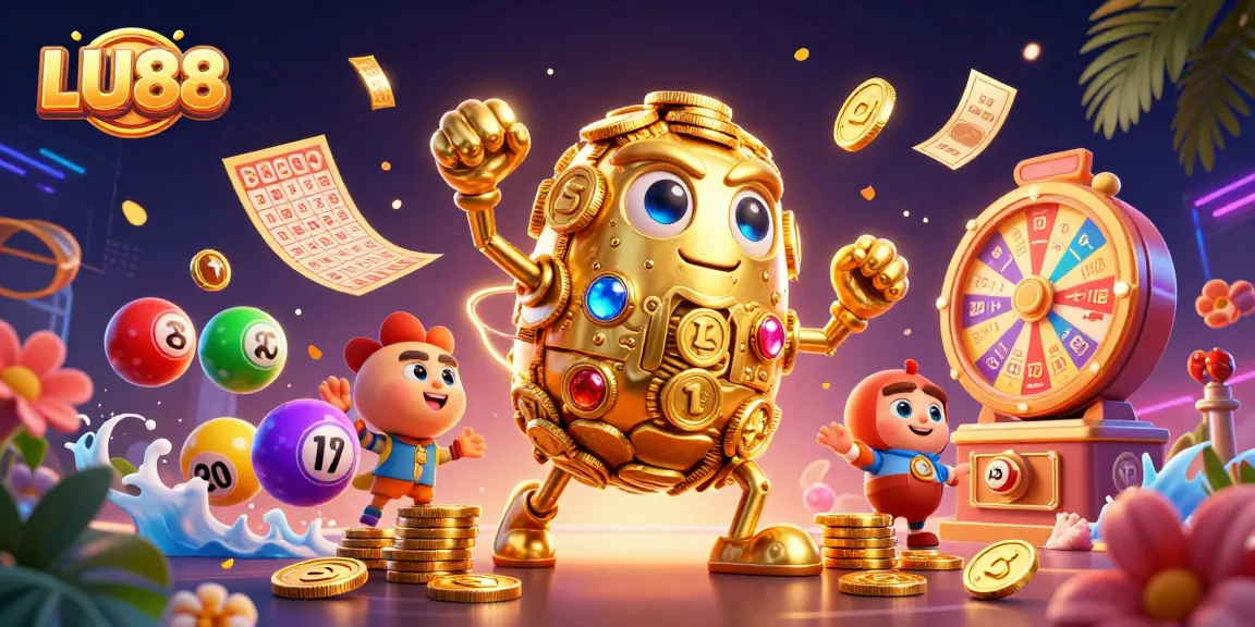LU88 showcases a vibrant scene with golden golem and lottery elements, inviting excitement and fun.