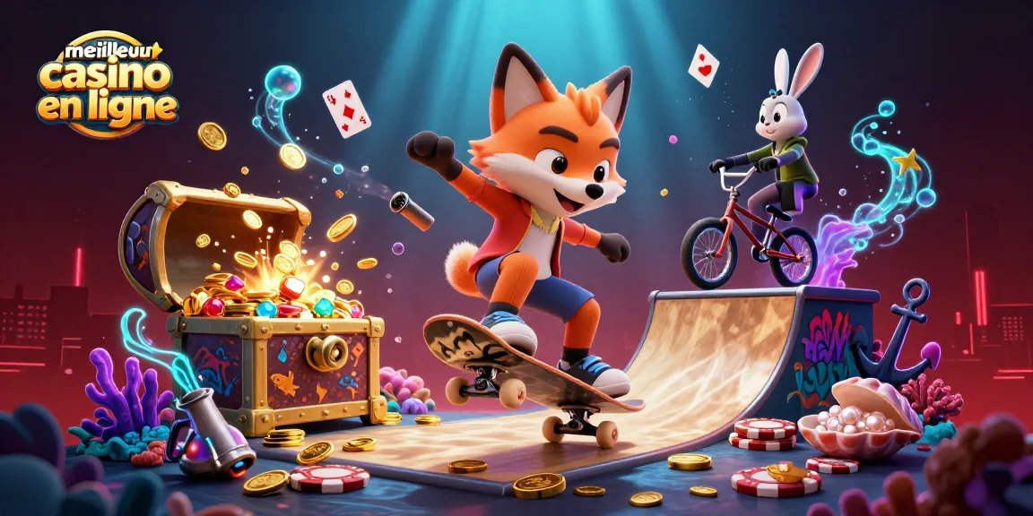 Illustration dynamique des personnages dans un meilleur casino en ligne, avec un renard et un lapin, entourés de joyaux et de jetons.