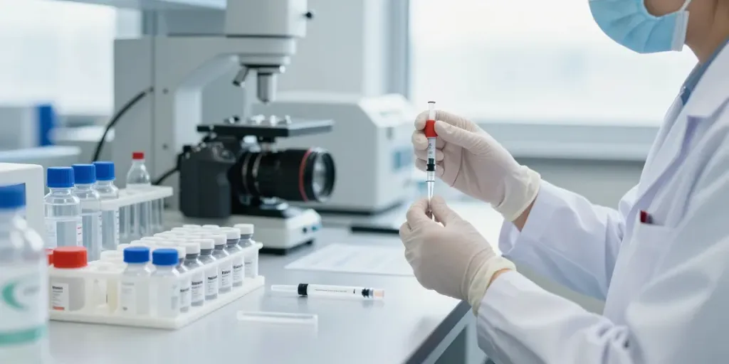 Preparing sterile injections with Hospira bac water in a clinical lab.