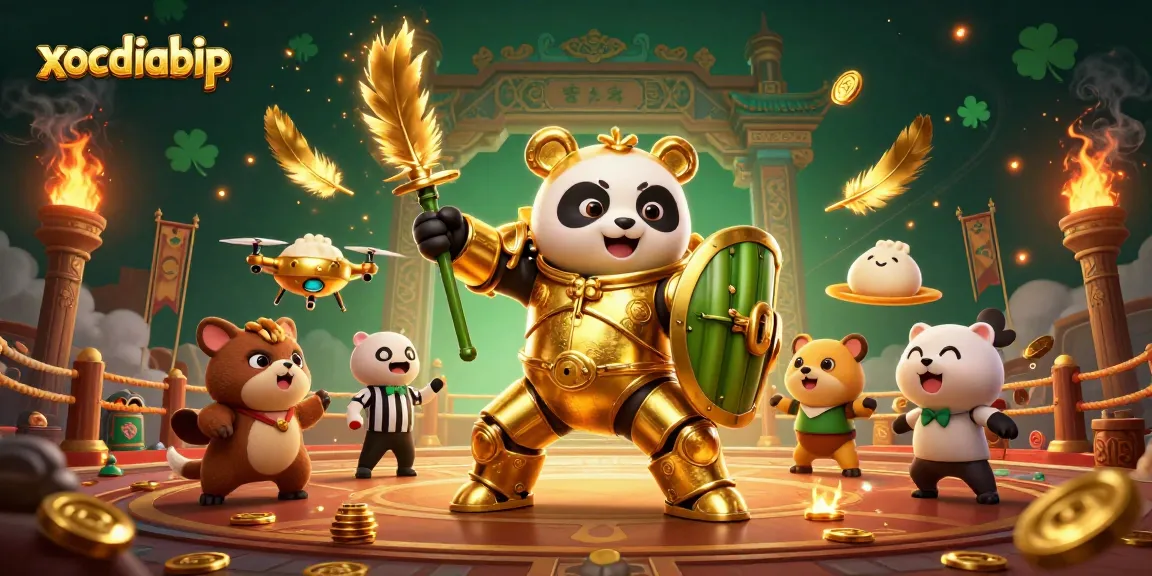 xocdiabip showcases vibrant animated mech-suit panda in a bustling casino arena filled with excitement.