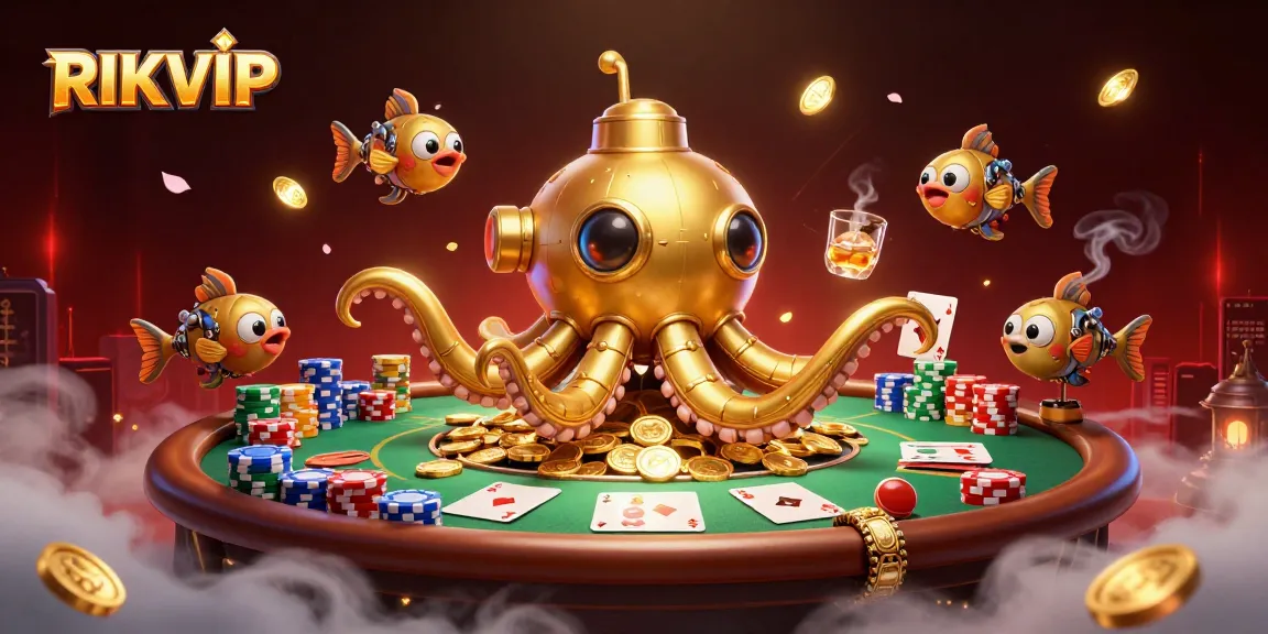 RIKVIP showcases a golden kraken submarine surrounded by poker elements, embodying a vibrant casino atmosphere.
