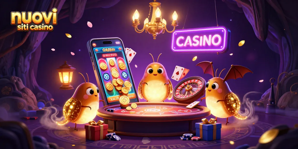 Illustra il panorama di nuovi siti casino con lucciole e giochi vivaci nella scena.