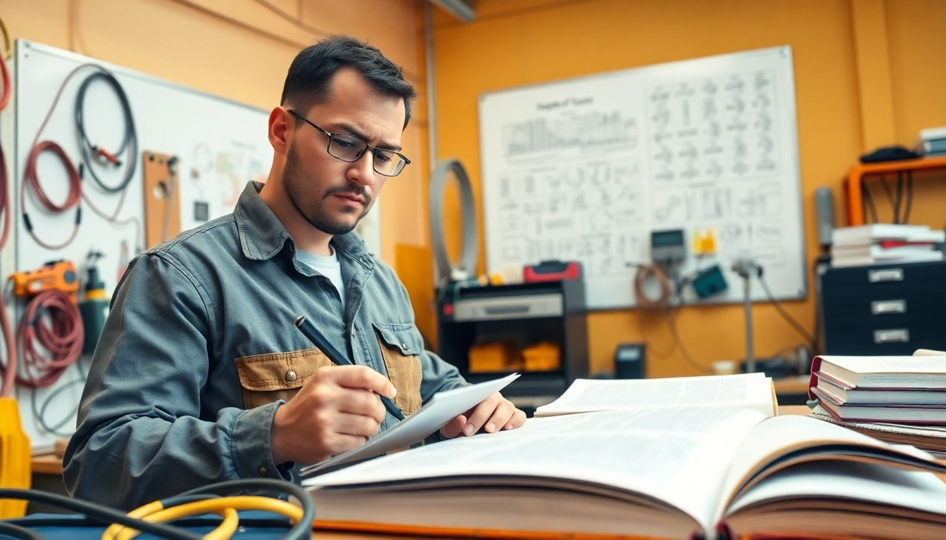 Focus on journeyman electrician exam prep California with tools and notes in a bright workshop.