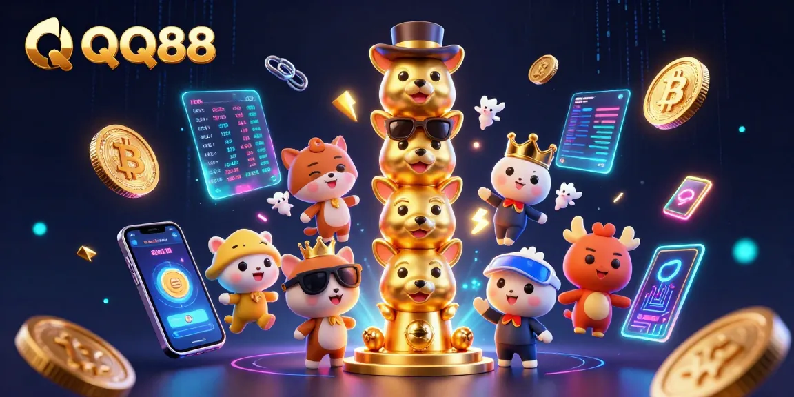 Experience thrilling gameplay with QQ88's vibrant 3D casino illustrations showcasing unique characters and crypto elements.