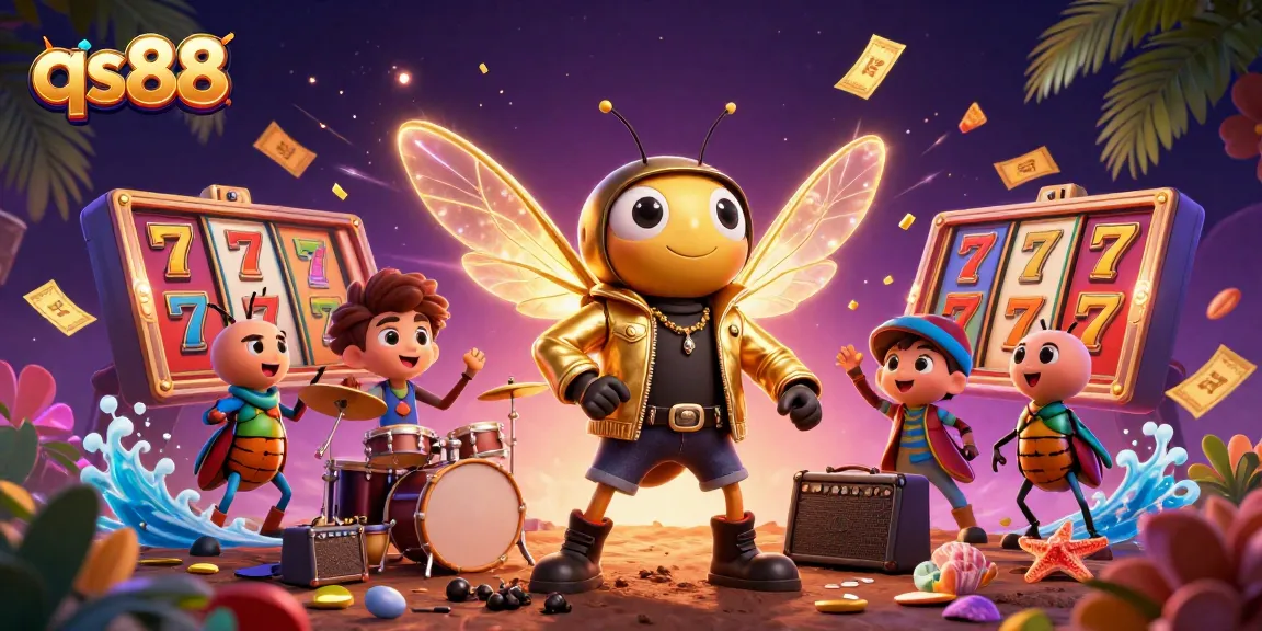 qs88 slot game featuring a cartoon cicada rock star, vibrant 3D casino scene with dynamic elements