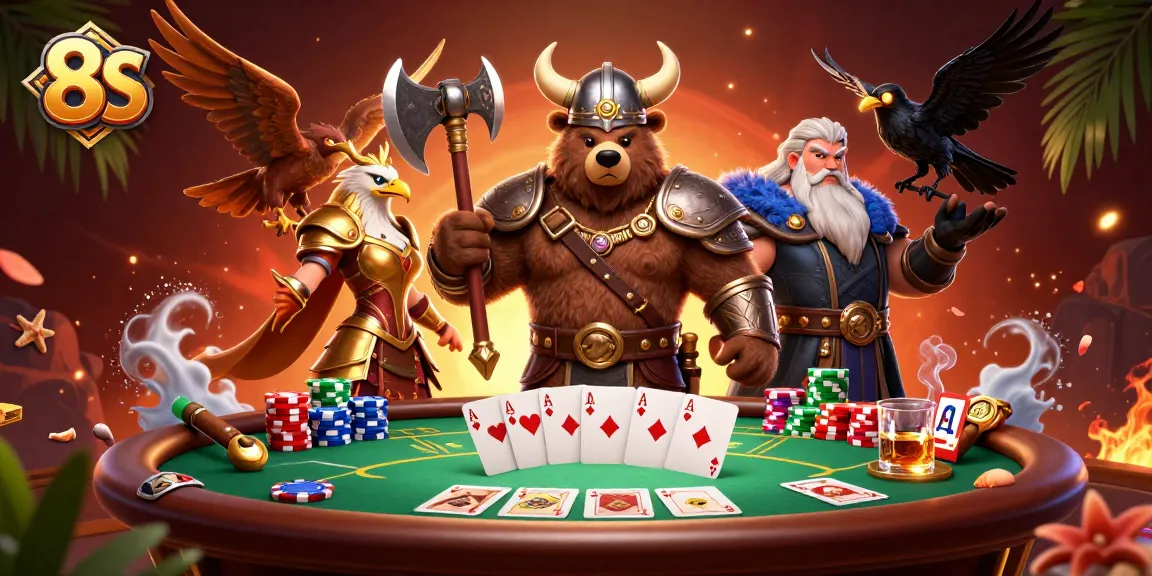 Experience the thrill of 8S casino, where players engage with a Viking and Valkyrie at a poker table.