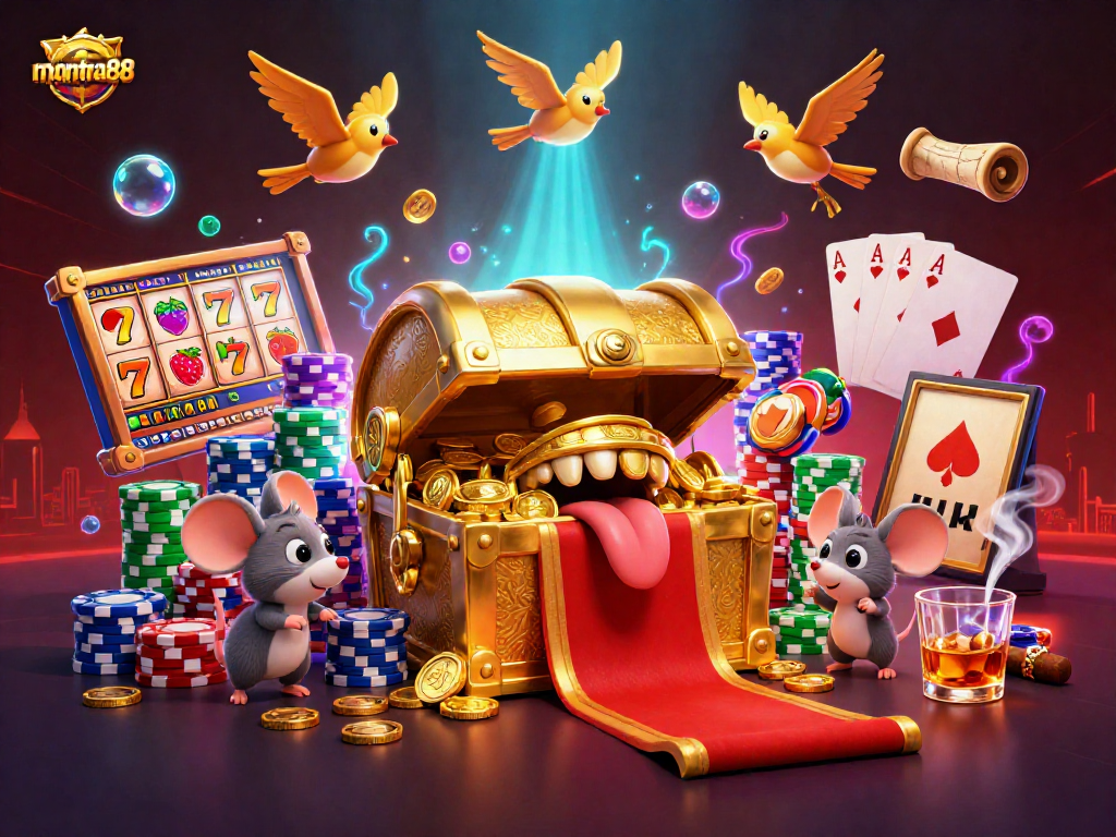 Experience the thrill of mantra88 with slot games and treasure in a vibrant 3D casino scene.