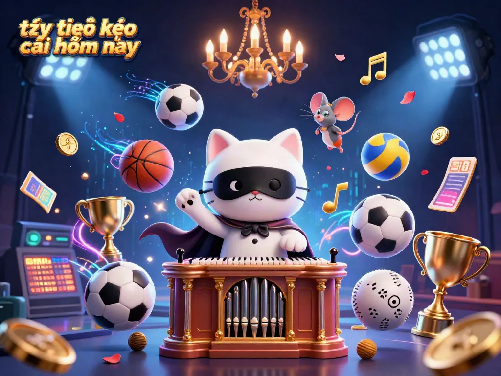 The scene illustrates tỷ lệ kèo nhà cái hôm nay with a phantom cat and dynamic sports betting elements, captivating viewers.