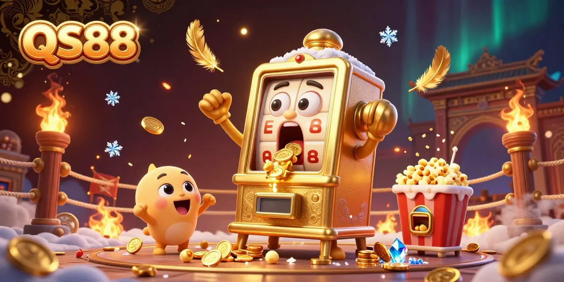 QS88 celebrates a golden jackpot with cartoon slot machines and vibrant casino elements.