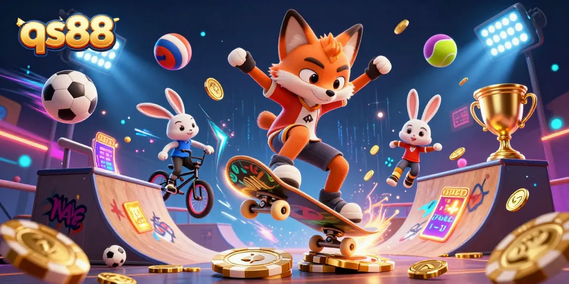qs88 players enjoying dynamic casino sports betting with vibrant 3D characters and energetic elements