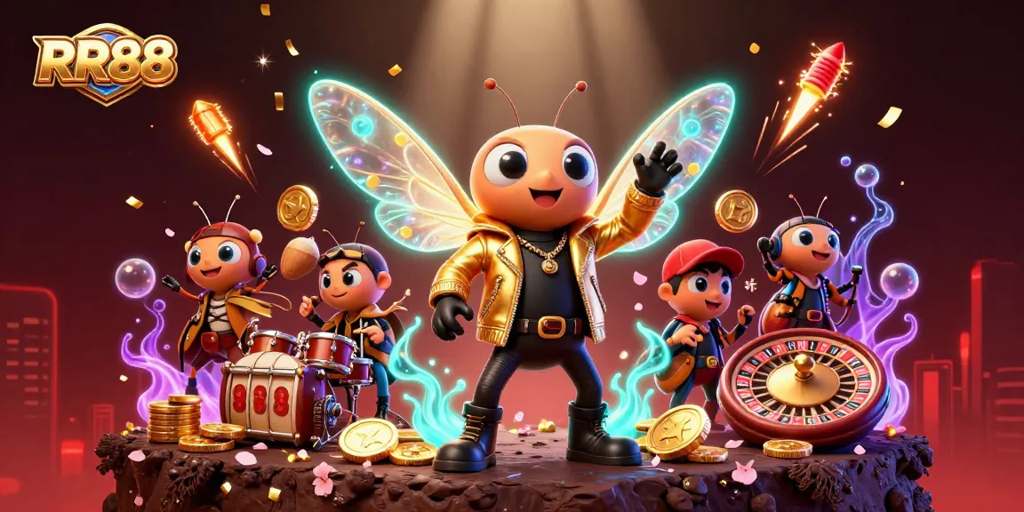 Experience thrilling gameplay with RR88's vibrant casino scene featuring a cicada rock star and slot reels.