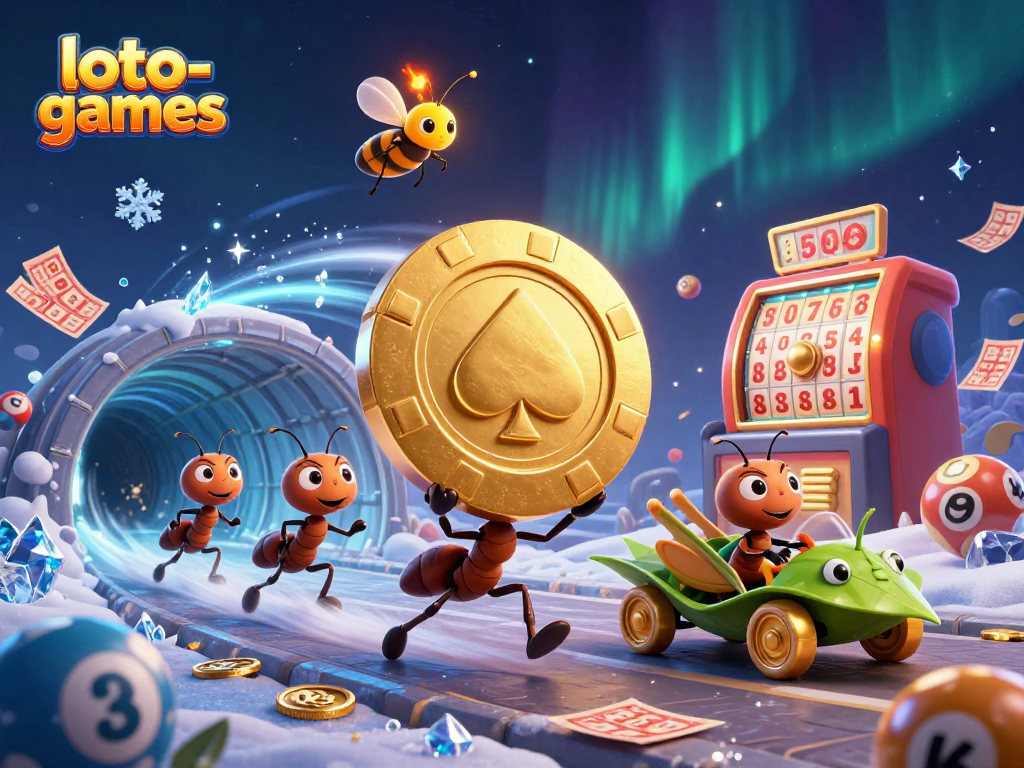 Win big with loto-games in a vibrant 3D lottery heist scene filled with animated characters.
