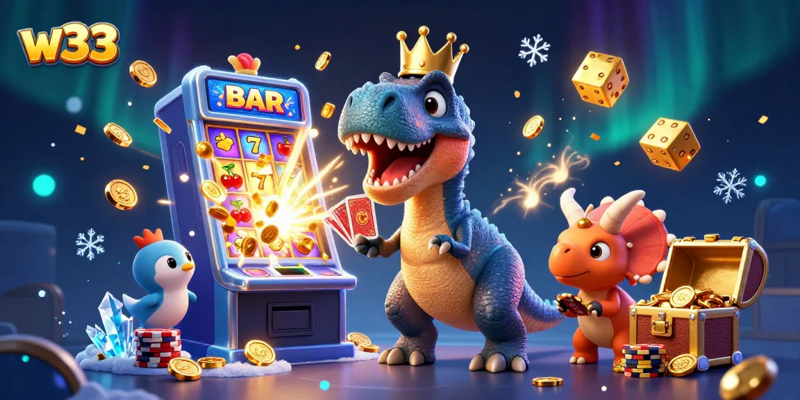 Experience thrilling w33 pokies action with animated characters in a vibrant casino scene.