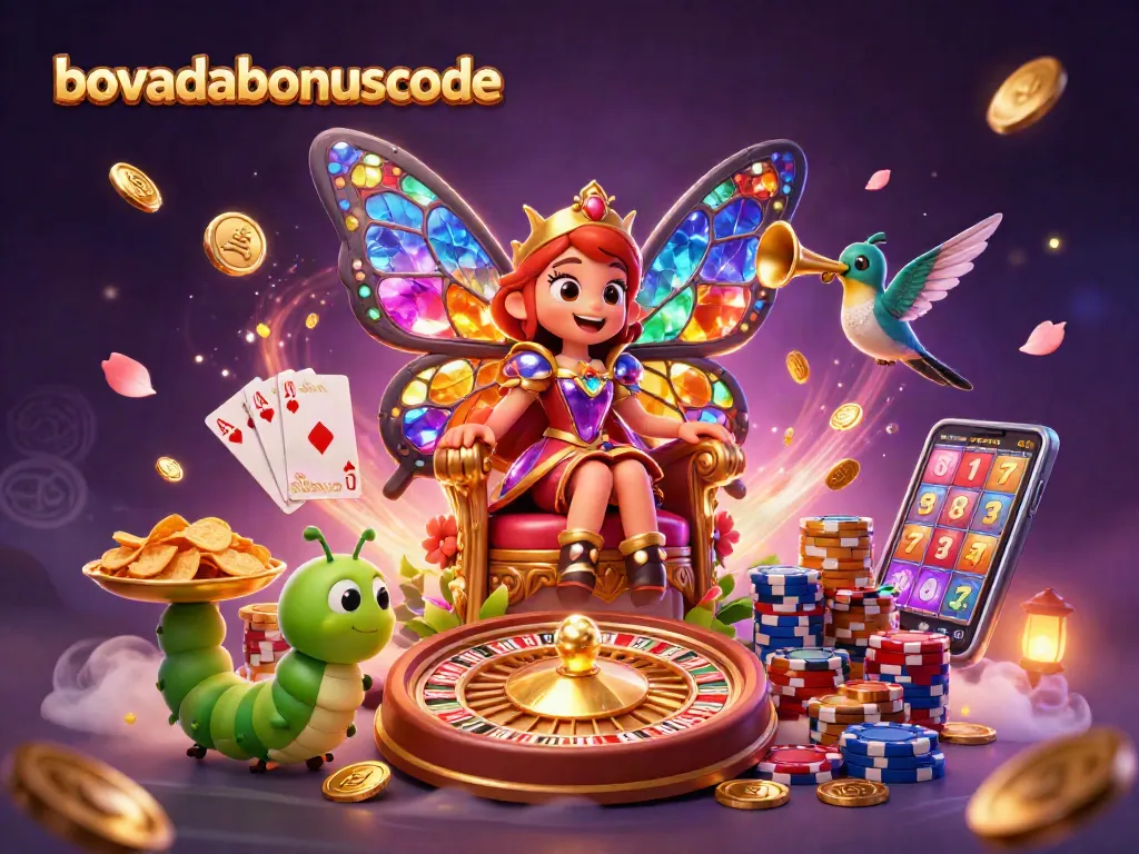 Win big with bovadabonuscode in a vibrant 3D casino scene featuring spinning roulette wheel and slot machine.