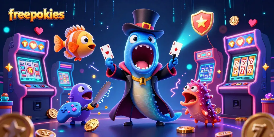 Engage with freepokies through a vibrant 3D casino scene featuring lively characters and gaming elements.