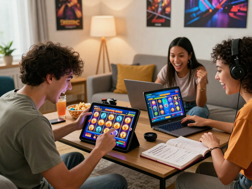Pengguna slot gacor merayakan kemenangan besar sambil bermain di perangkat modern di ruang tamu yang hangat.