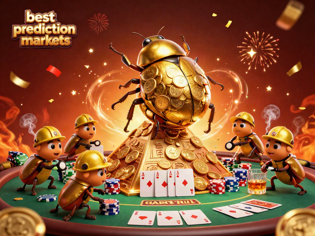 Bet on the best prediction markets with vibrant casino elements and lively beetles.