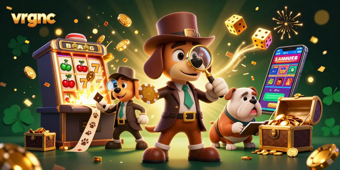 Experience jackpots and winning thrills at vrgnc with this vibrant treasure hunting illustration featuring slots and clues.