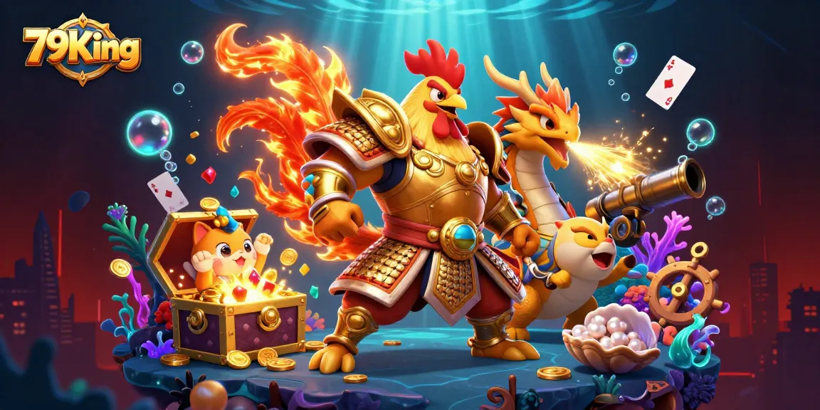 79King offers thrilling casino adventures with 3D fighting rooster and dragon in a vibrant imagery of gambling action.
