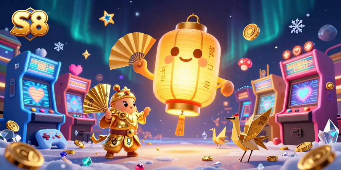 S8 immerses players in a vibrant night market casino scene filled with colorful game machines and lucky symbols.