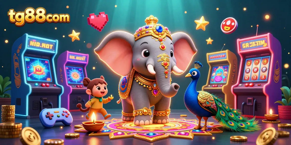 Engage with tg88com's vibrant casino world featuring colorful slots, glowing game elements, and joyful characters.