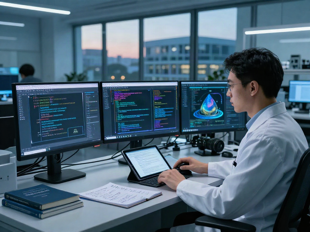 AI Detection lab with scientist analyzing algorithms and comparing text patterns on multiple screens in a modern workspace.
