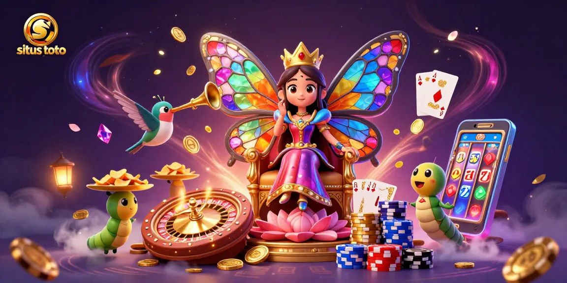 Experience excitement at situs toto with a vibrant, cartoonish casino scene featuring golden coins and slot reels.