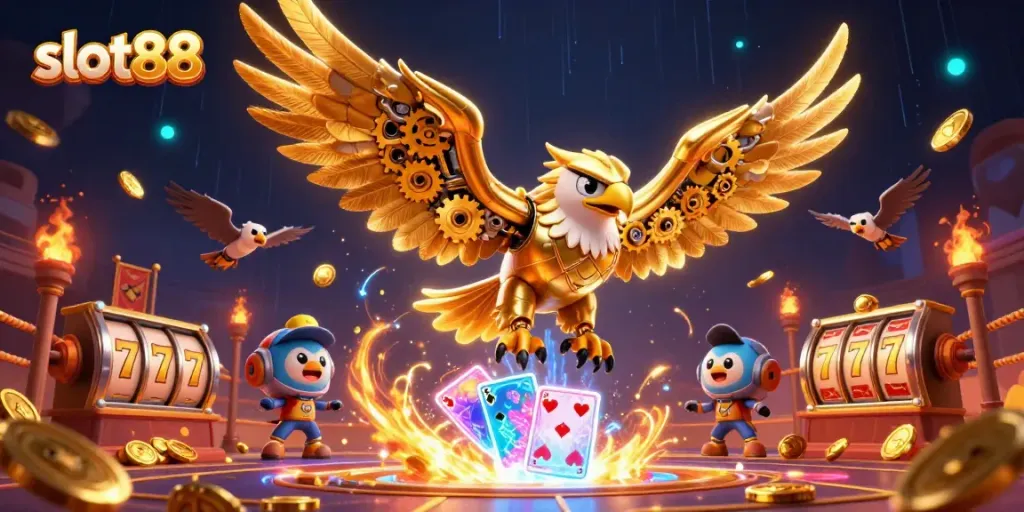 Experience the excitement of slot88 with a cybernetic eagle amidst vibrant casino elements.