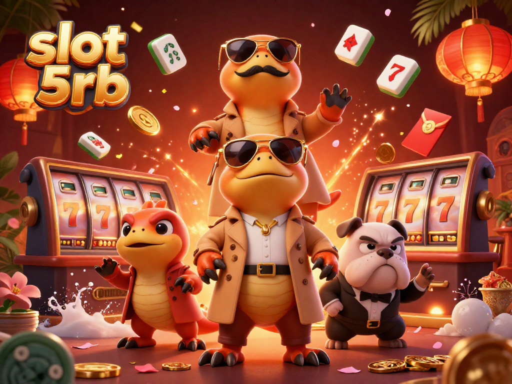 Experience thrilling spins in a vibrant casino with slot 5rb and dynamic characters interacting with gaming elements.