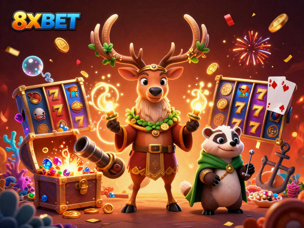 Bet big on 8XBET with a vibrant casino-themed scene filled with magical creatures and slot elements.