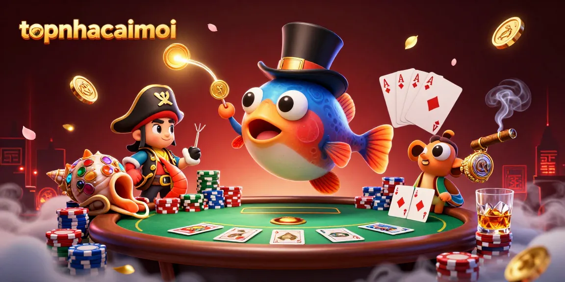 topnhacaimoi showcases a 3D anglerfish and shrimp on a poker table piled with chips and cards.
