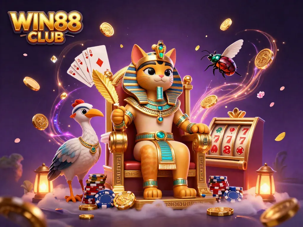 Experience the thrill of WIN88 CLUB with a vibrant 3D scene of a royal pharaoh cat amidst sparkling casino elements.