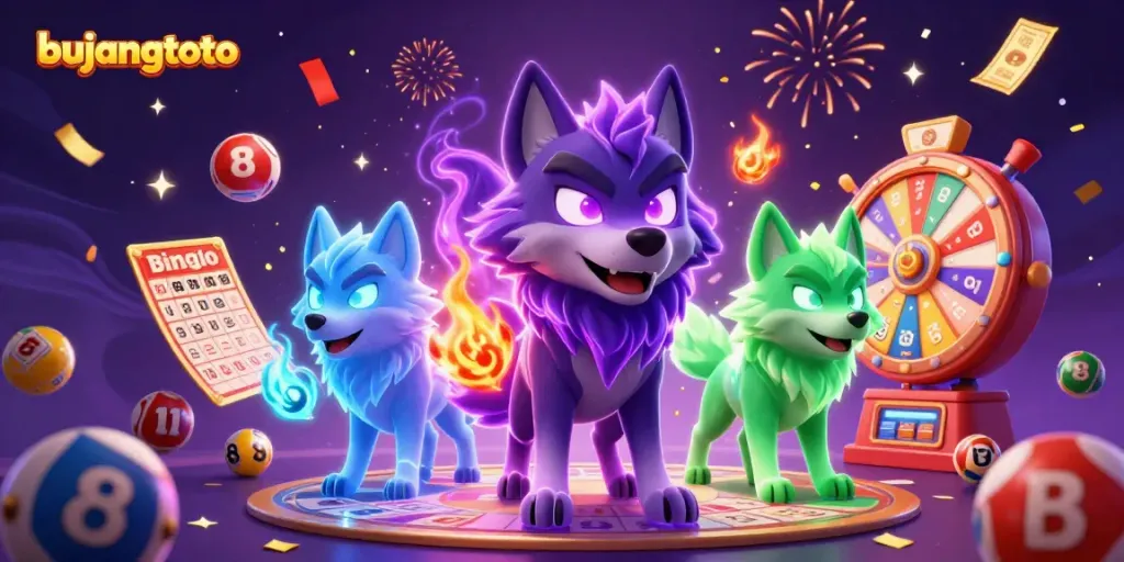 Experience the excitement of bujangtoto with vibrant lottery elements and ghostly wolves in an engaging casino scene.