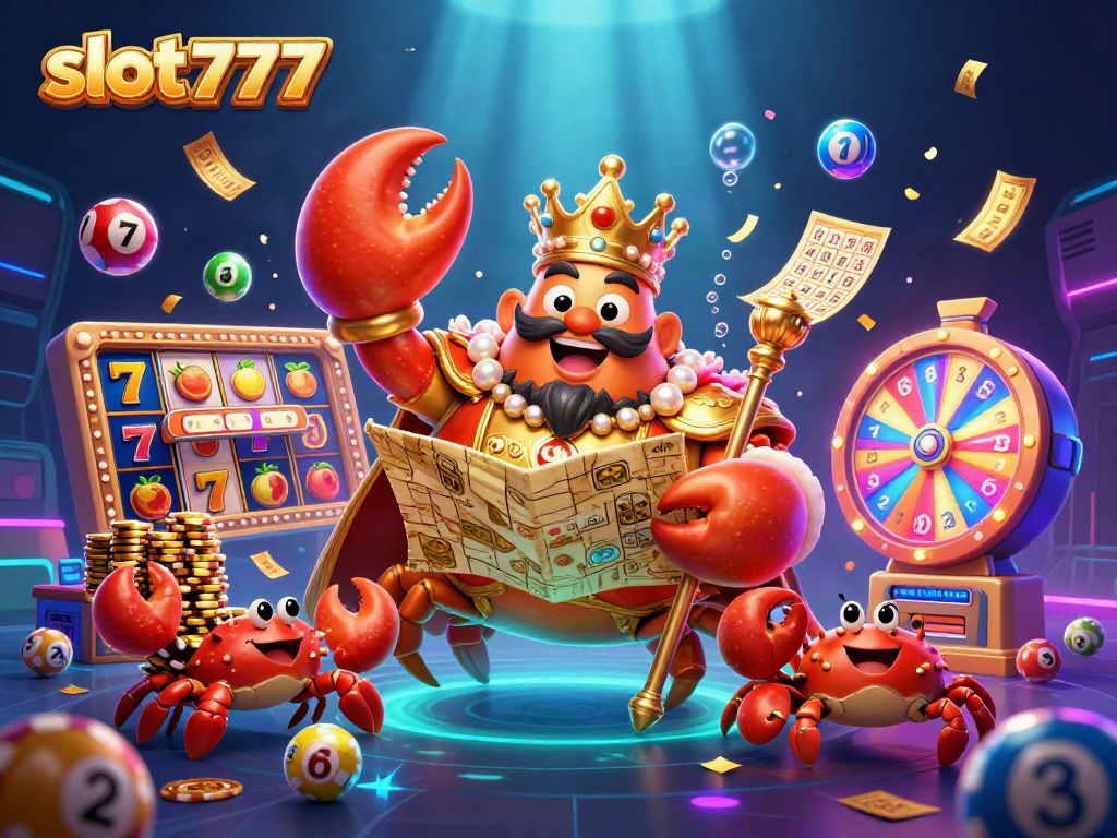 Engage with slot777 in a vibrant, colorful casino-themed 3D illustration showcasing slot reels and lucky symbols