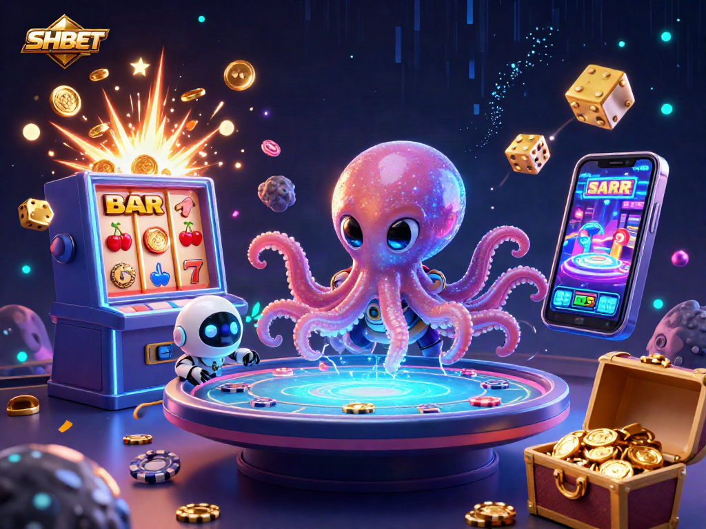 Win big with SHBET as an alien octopus navigates a cosmic casino scene, featuring vibrant slot effects.
