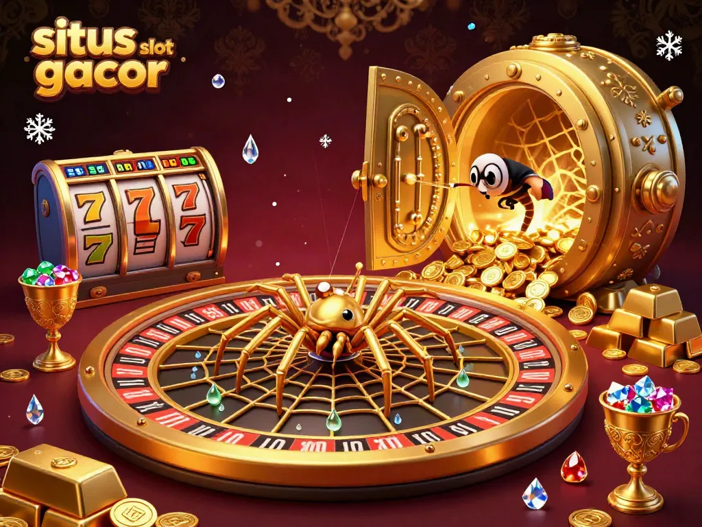 Engage with situs slot gacor as a golden spider spins a roulette wheel web, highlighting casino excitement.