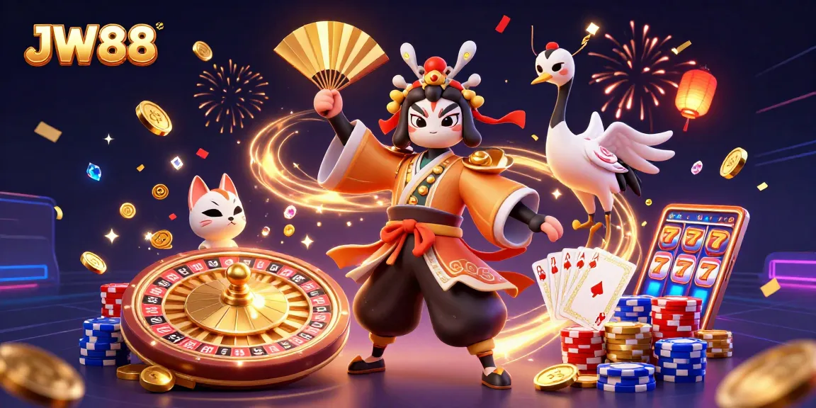 JW88 showcases thrilling casino excitement with a kabuki warrior and vibrant game elements.