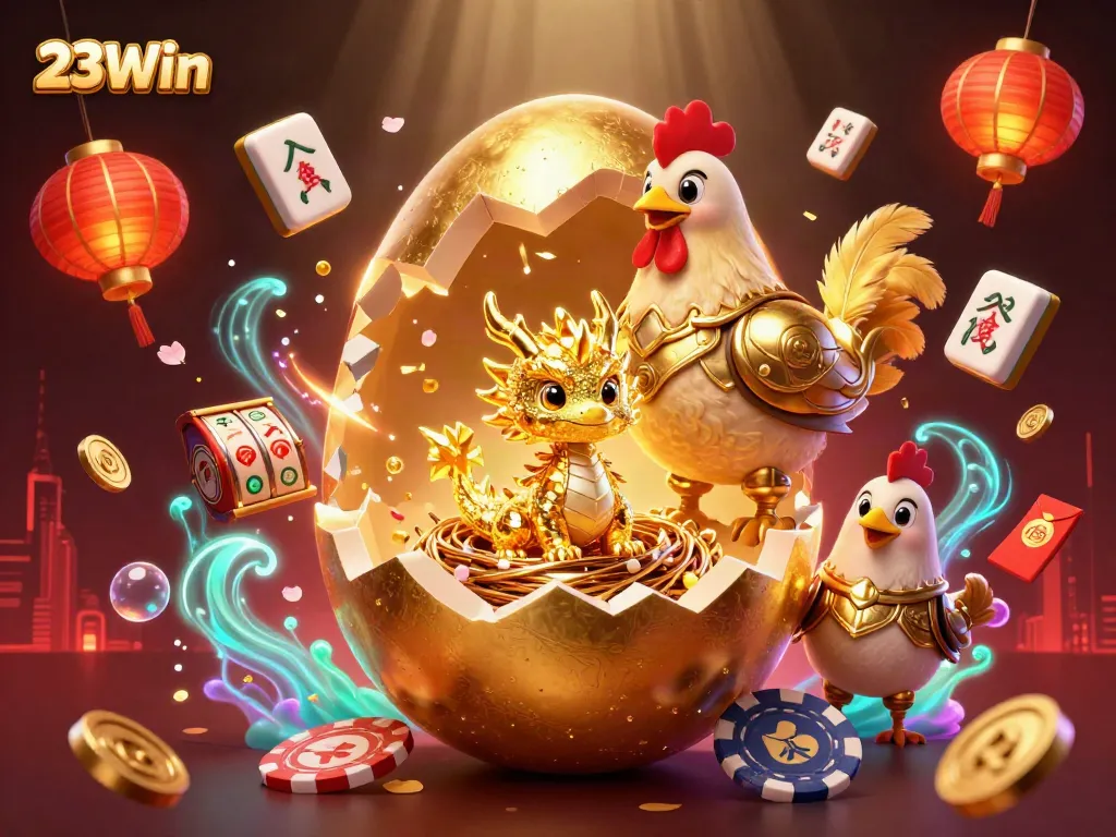 Experience the thrill of 23Win with a golden dragon guarding poker chips amidst festive casino elements.