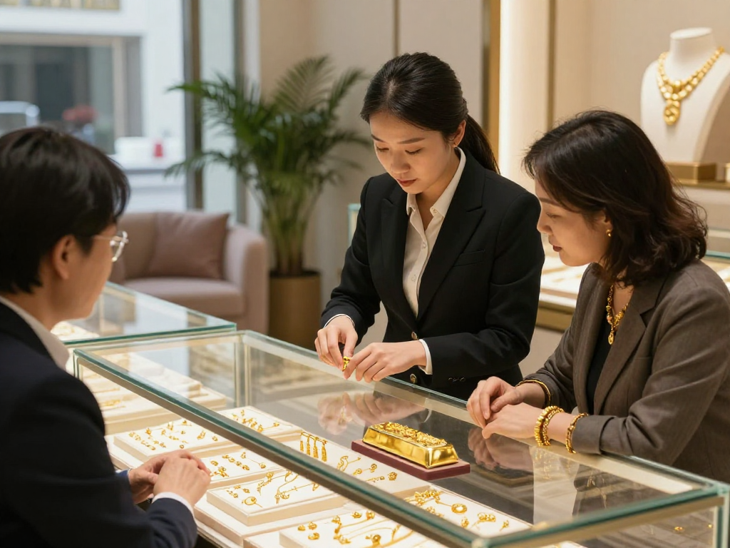 mantra88 gold jewelry display in elegant store with expert assistance