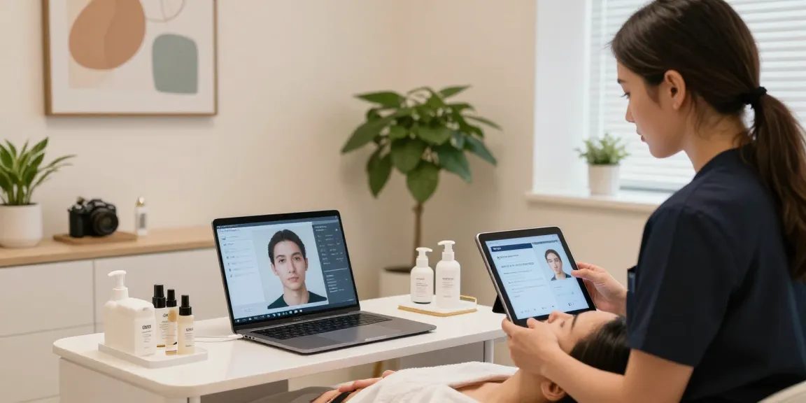 ClinicEvo better than QOVES facial analysis in a modern beauty studio, highlighting a professional environment.