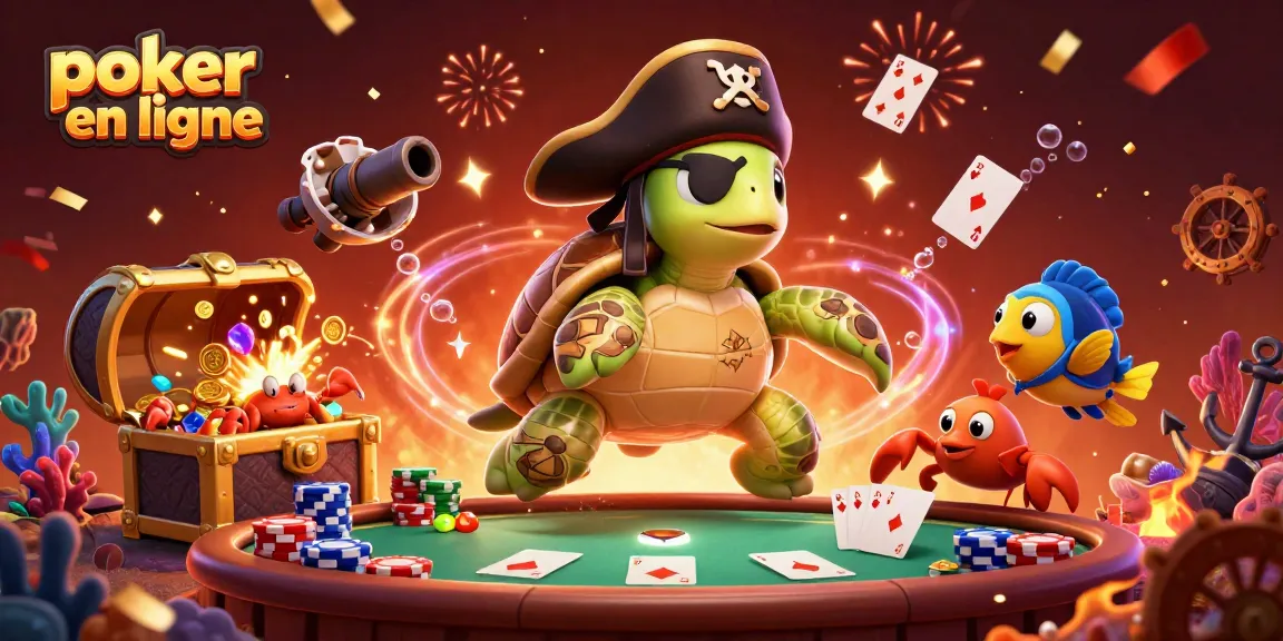 Illustration de poker en ligne avec une tortue pirate et trésor sous-marin, mettant en valeur la stratégie.